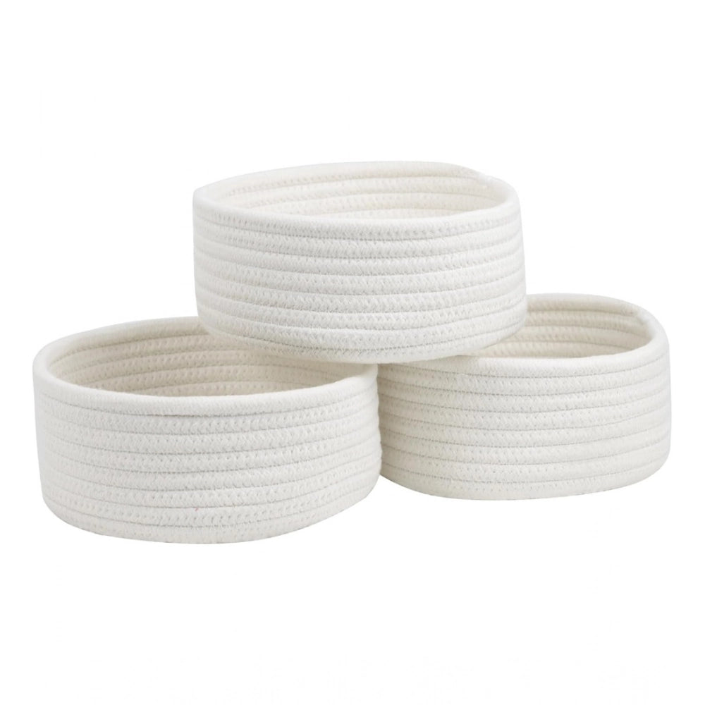 Cotton 8x3 Inch Round 3 Set Bedside Organizer With Out Lid (White)