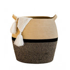 Cotton Matka 14x12 Inch Storage Basket For Clothes With Out Lid (Beige-Black)