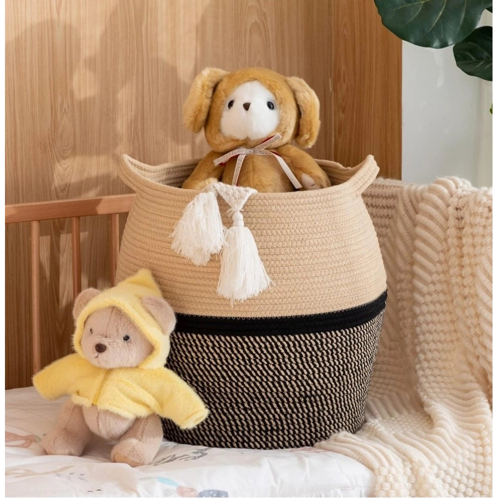 Cotton Matka 14x12 Inch Storage Basket For Clothes With Out Lid (Beige-Black)