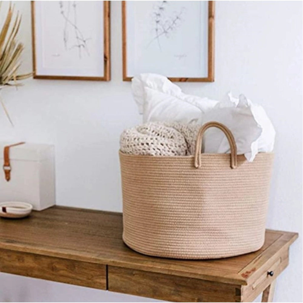 Cotton Pack Of_1 14x12 Inch Laundry Storage Basket For Clothes (Beige)