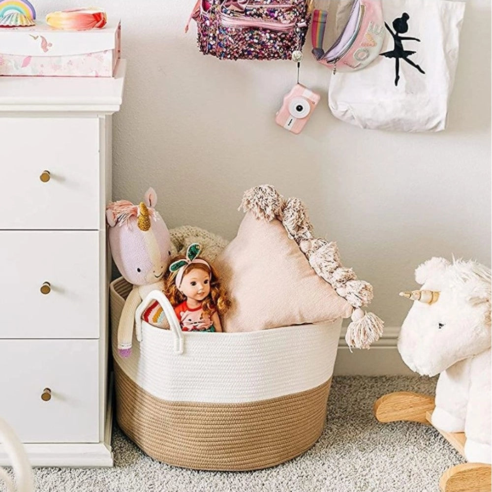 Cotton Pack Of_1 12x14 Inch Laundry Storage Basket For Clothes (Beige-White)