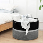 Cotton Dori 16x14 Inch Storage Basket For Clothes With Out Lid (Black-Black-White)