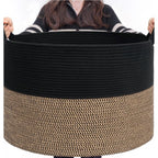 Cotton Pack Of_1 16x14 Inch Storage Basket For Clothes With Out Lid (Black-Beige-Black)