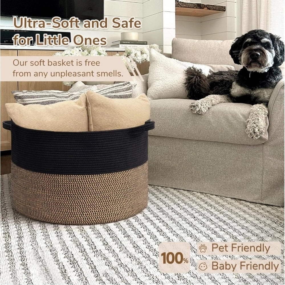 Cotton Pack Of_1 16x14 Inch Storage Basket For Clothes With Out Lid (Black-Beige-Black)