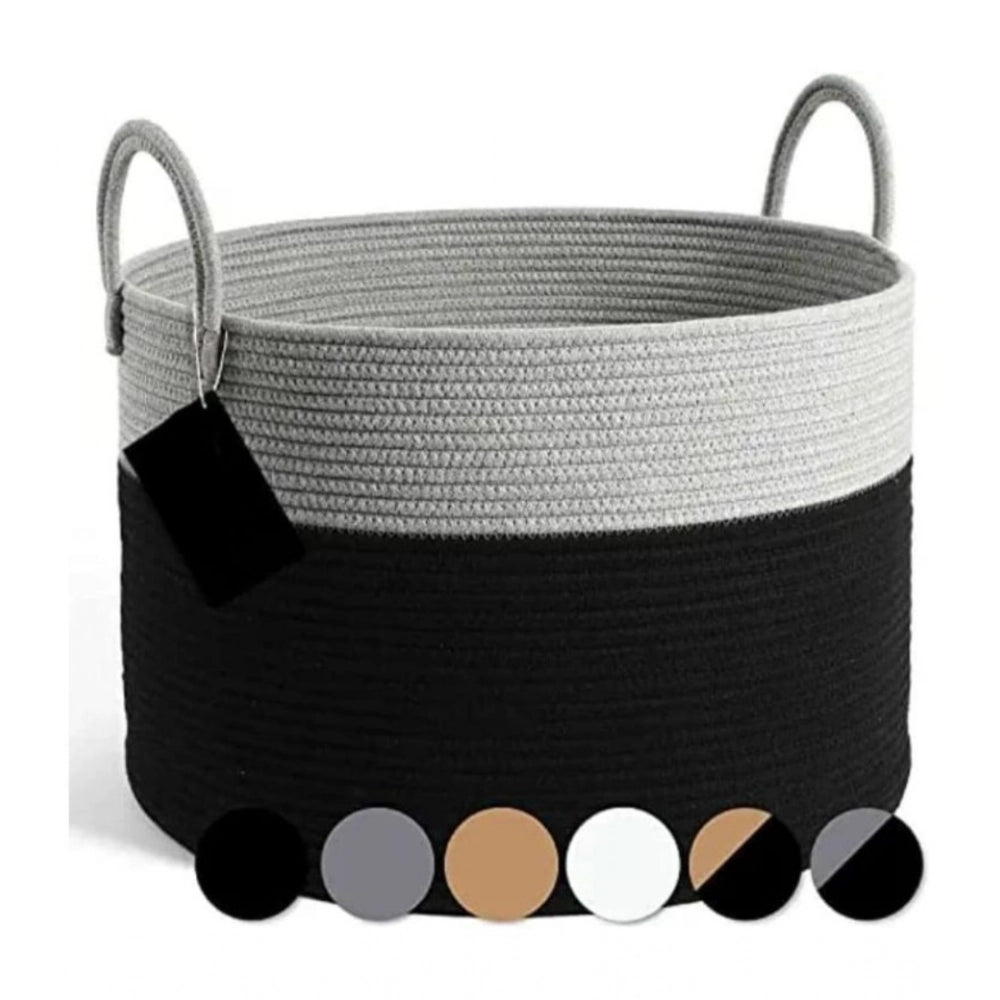 Cotton Pack Of_1 14x12 Inch Laundry Storage Basket For Clothes (Grey-Black)