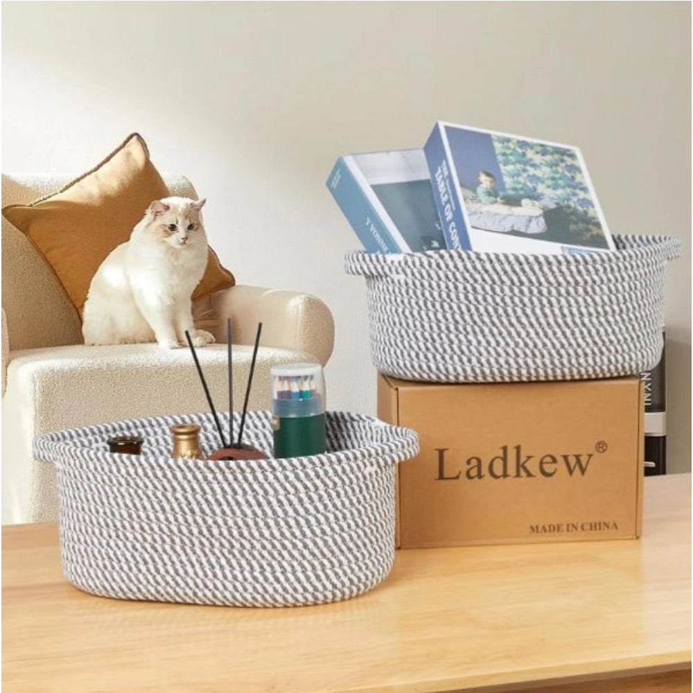 Cotton 10x7x4 Inch 2 Pcs Oval Storage Basket For Clothes (Grey)
