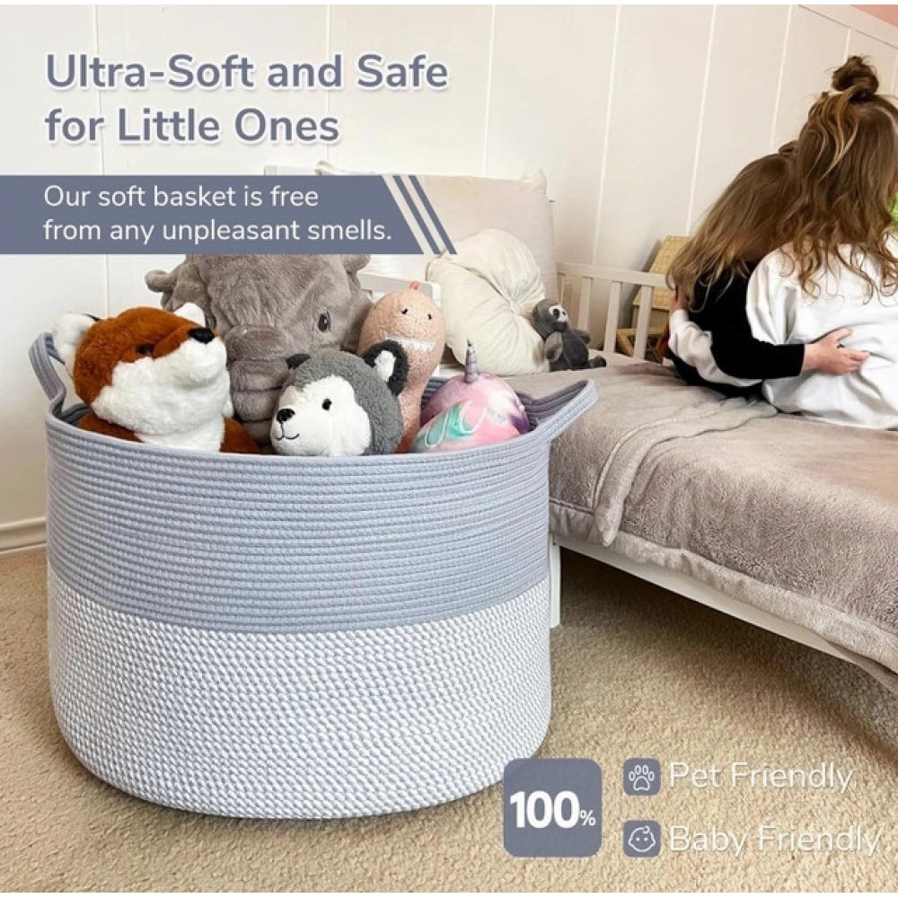 Cotton Pack Of_1 16x14 Inch Storage Basket For Clothes With Out Lid (Blue-White)