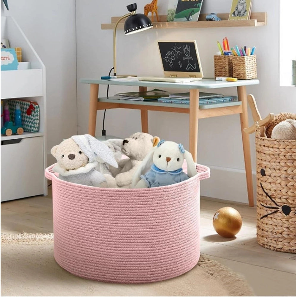 Cotton Pack Of_1 14x12 Inch Storage Basket For Clothes With Out Lid (Pink)