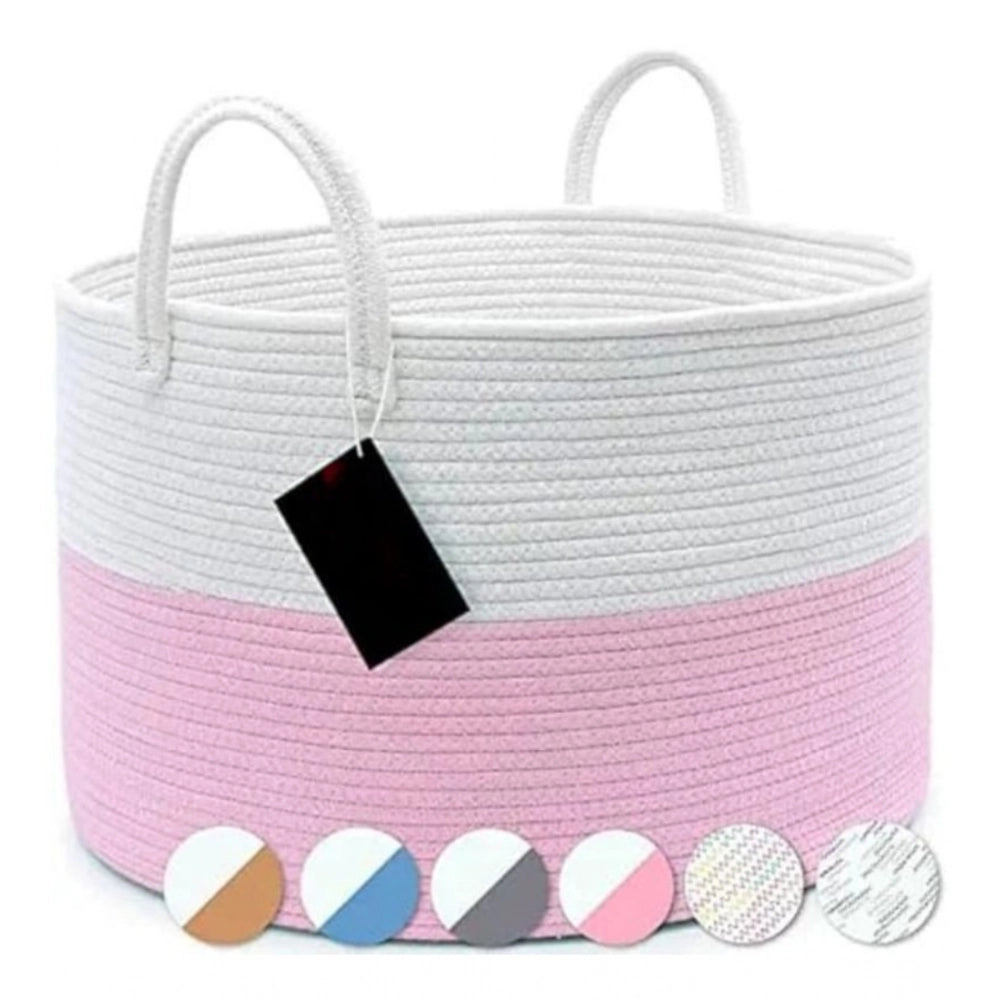 Cotton Pack Of_1 14x12 Inch Laundry Storage Basket For Clothes (Pink-White)