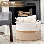 Cotton Dori 16x14 Inch Storage Basket For Clothes With Out Lid (White-Beige-White)