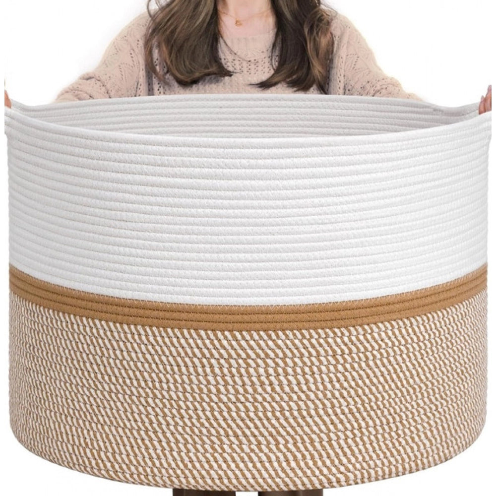 Cotton Dori 16x14 Inch Storage Basket For Clothes With Out Lid (White-Beige-White)