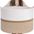 Cotton Dori 16x14 Inch Storage Basket For Clothes With Out Lid (White-Beige-White)