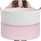 Cotton Dori 16x14 Inch Storage Basket For Clothes With Out Lid (White-Pink-White)