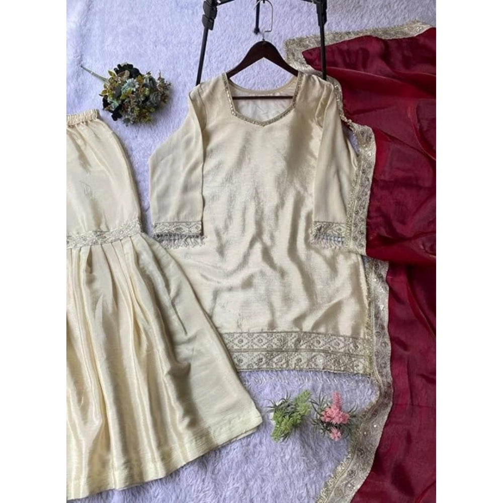 Women's Silk Embroidered 3/4th Sleeve V-Neck Kurti With Sharara Pant and Dupatta Set (Cream &amp; Brown)