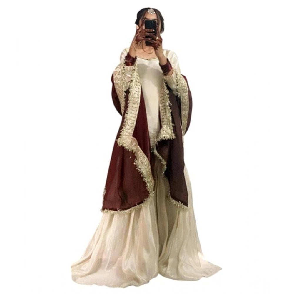Women's Silk Embroidered 3/4th Sleeve V-Neck Kurti With Sharara Pant and Dupatta Set (Cream &amp; Brown)