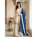 Women's Silk Embroidered 3/4th Sleeve V-Neck Kurti With Sharara Pant and Dupatta Set (Cream &amp; Blue)