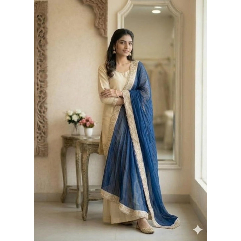 Women's Silk Embroidered 3/4th Sleeve V-Neck Kurti With Sharara Pant and Dupatta Set (Cream &amp; Blue)
