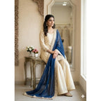Women's Silk Embroidered 3/4th Sleeve V-Neck Kurti With Sharara Pant and Dupatta Set (Cream &amp; Blue)