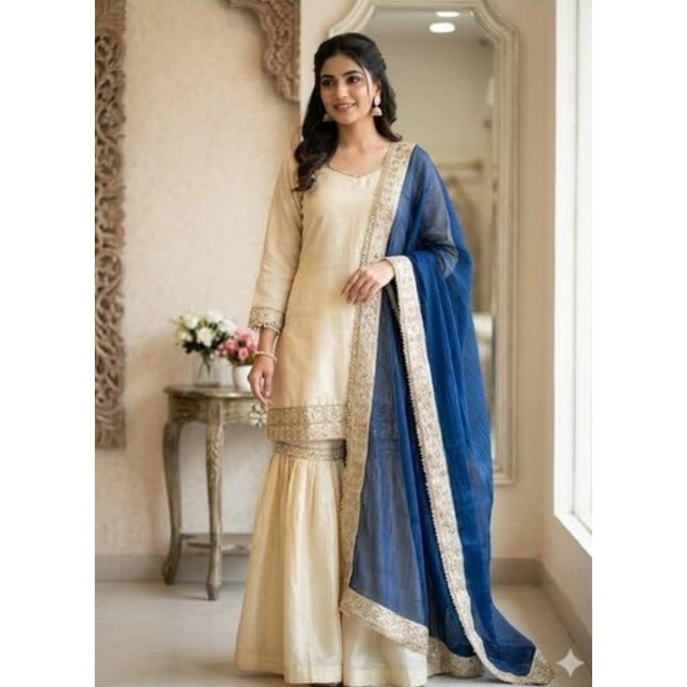 Women's Silk Embroidered 3/4th Sleeve V-Neck Kurti With Sharara Pant and Dupatta Set (Cream &amp; Blue)