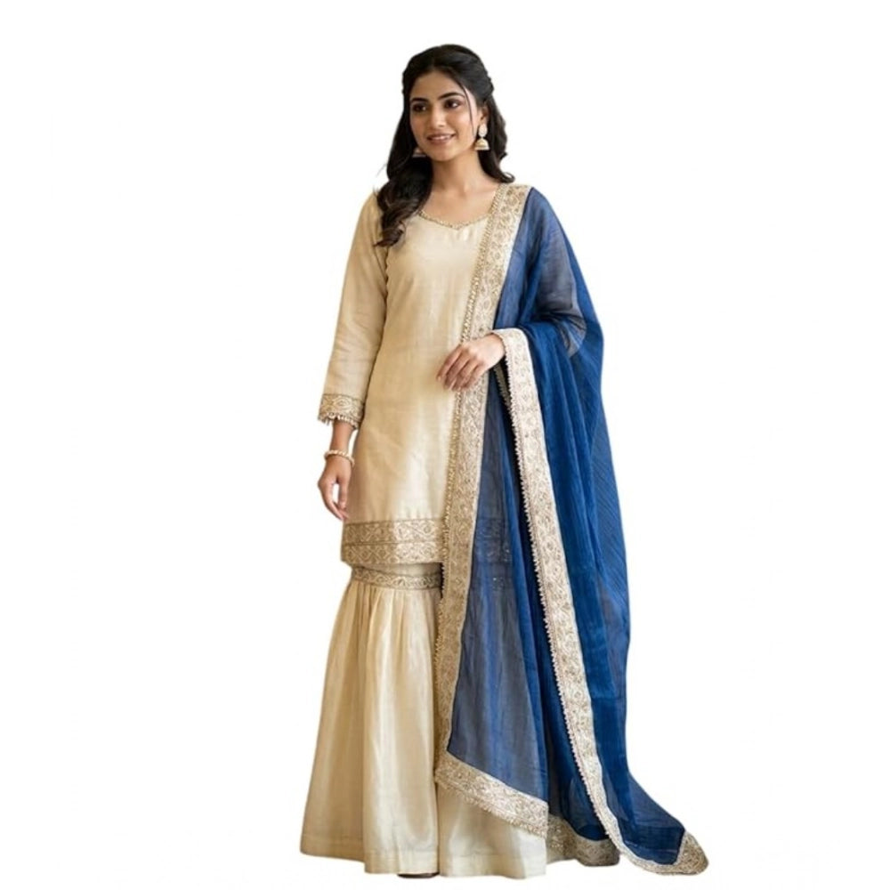 Women's Silk Embroidered 3/4th Sleeve V-Neck Kurti With Sharara Pant and Dupatta Set (Cream &amp; Blue)