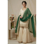 Women's Silk Embroidered 3/4th Sleeve V-Neck Kurti With Sharara Pant and Dupatta Set (Cream &amp; Bottle Green)
