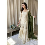 Women's Silk Embroidered 3/4th Sleeve V-Neck Kurti With Sharara Pant and Dupatta Set (Cream &amp; Green)