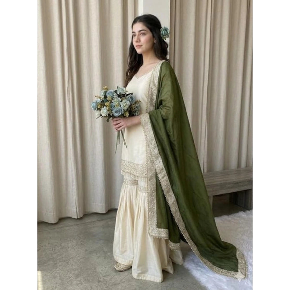 Women's Silk Embroidered 3/4th Sleeve V-Neck Kurti With Sharara Pant and Dupatta Set (Cream &amp; Green)