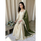 Women's Silk Embroidered 3/4th Sleeve V-Neck Kurti With Sharara Pant and Dupatta Set (Cream &amp; Green)