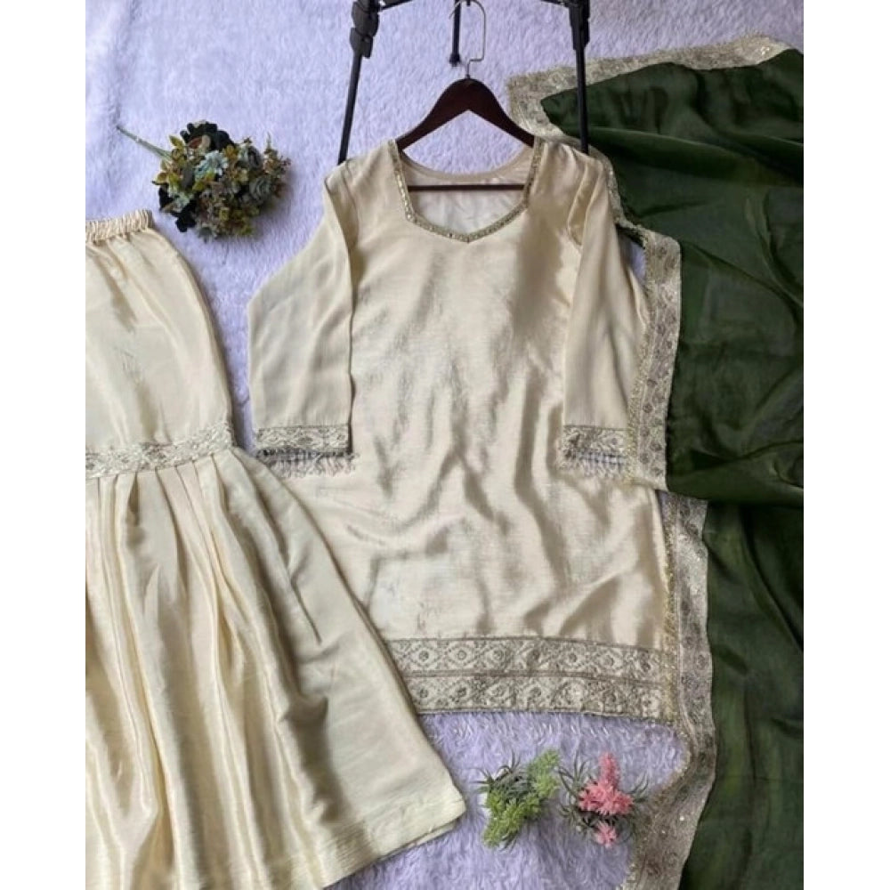 Women's Silk Embroidered 3/4th Sleeve V-Neck Kurti With Sharara Pant and Dupatta Set (Cream &amp; Green)