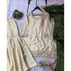 Women's Silk Embroidered 3/4th Sleeve V-Neck Kurti With Sharara Pant and Dupatta Set (Cream &amp; Green)