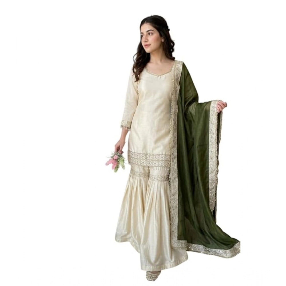 Women's Silk Embroidered 3/4th Sleeve V-Neck Kurti With Sharara Pant and Dupatta Set (Cream &amp; Green)