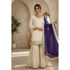 Women's Silk Embroidered 3/4th Sleeve V-Neck Kurti With Sharara Pant and Dupatta Set (Cream &amp; Purple)