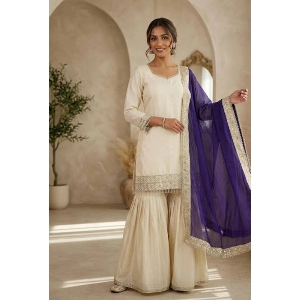 Women's Silk Embroidered 3/4th Sleeve V-Neck Kurti With Sharara Pant and Dupatta Set (Cream &amp; Purple)