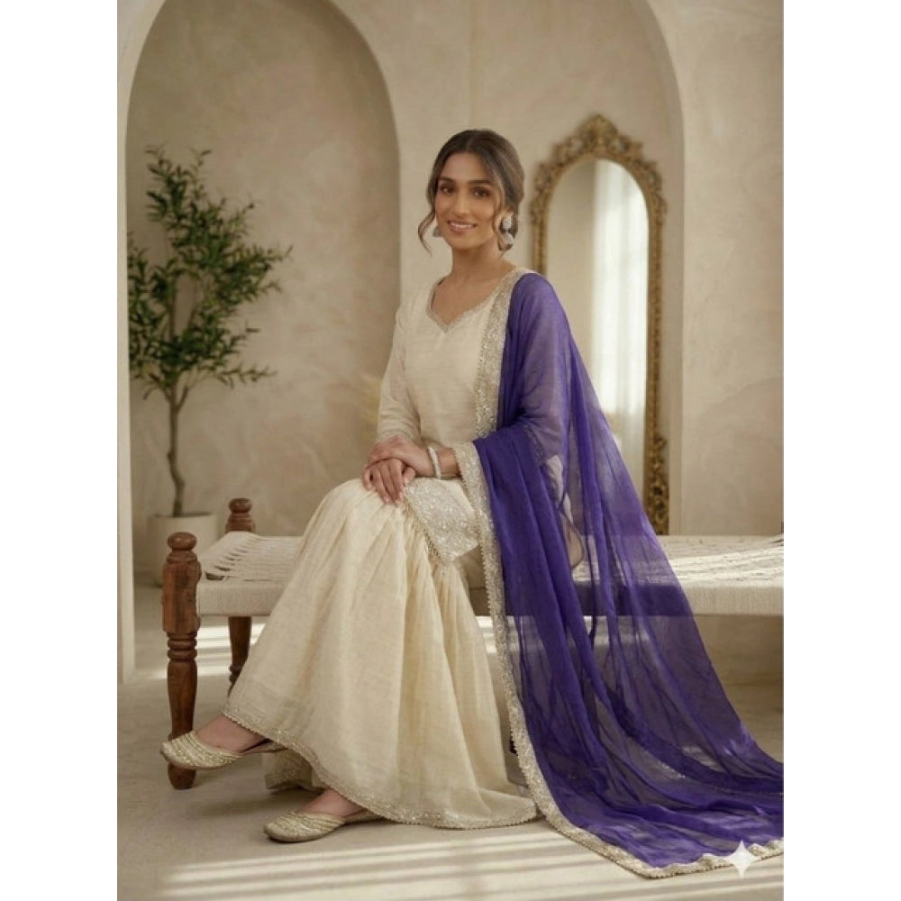 Women's Silk Embroidered 3/4th Sleeve V-Neck Kurti With Sharara Pant and Dupatta Set (Cream &amp; Purple)
