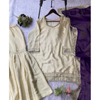 Women's Silk Embroidered 3/4th Sleeve V-Neck Kurti With Sharara Pant and Dupatta Set (Cream &amp; Purple)