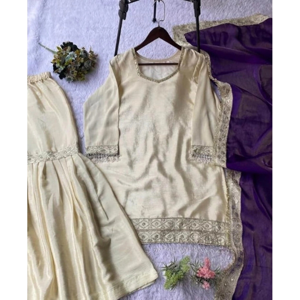 Women's Silk Embroidered 3/4th Sleeve V-Neck Kurti With Sharara Pant and Dupatta Set (Cream &amp; Purple)