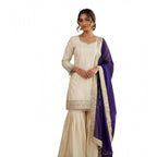 Women's Silk Embroidered 3/4th Sleeve V-Neck Kurti With Sharara Pant and Dupatta Set (Cream &amp; Purple)