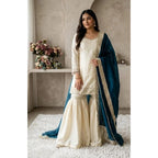 Women's Silk Embroidered 3/4th Sleeve V-Neck Kurti With Sharara Pant and Dupatta Set (Cream &amp; Teal)