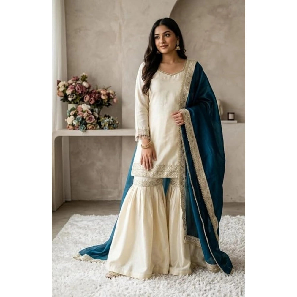 Women's Silk Embroidered 3/4th Sleeve V-Neck Kurti With Sharara Pant and Dupatta Set (Cream &amp; Teal)