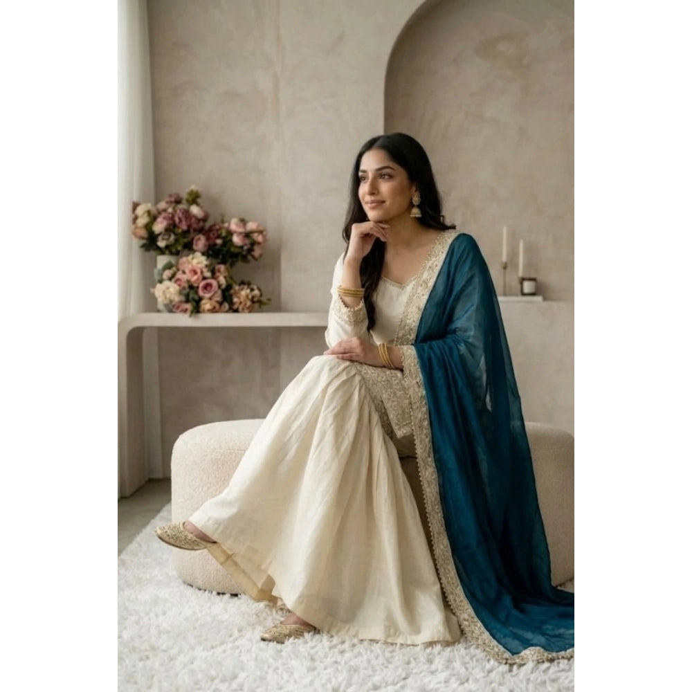 Women's Silk Embroidered 3/4th Sleeve V-Neck Kurti With Sharara Pant and Dupatta Set (Cream &amp; Teal)