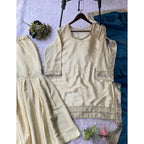 Women's Silk Embroidered 3/4th Sleeve V-Neck Kurti With Sharara Pant and Dupatta Set (Cream &amp; Teal)