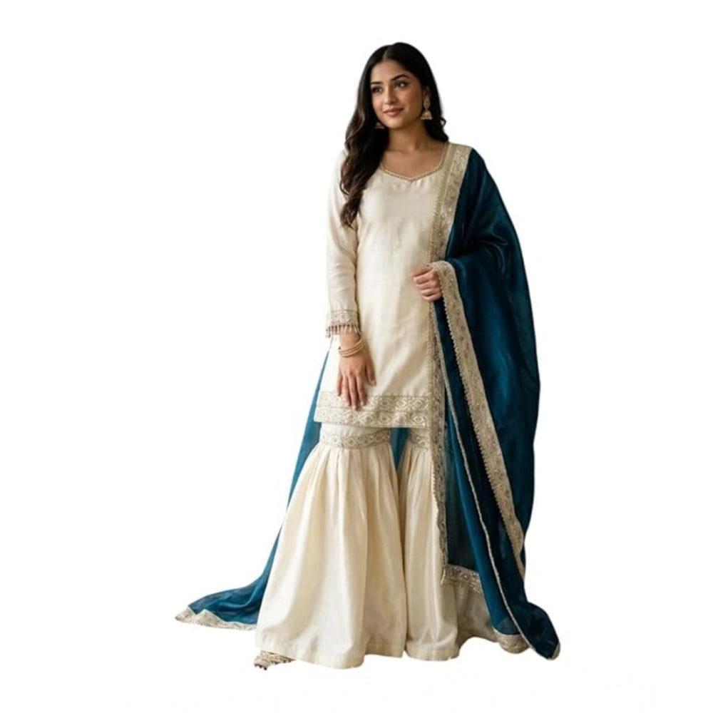Women's Silk Embroidered 3/4th Sleeve V-Neck Kurti With Sharara Pant and Dupatta Set (Cream &amp; Teal)