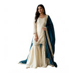 Women's Silk Embroidered 3/4th Sleeve V-Neck Kurti With Sharara Pant and Dupatta Set (Cream &amp; Teal)