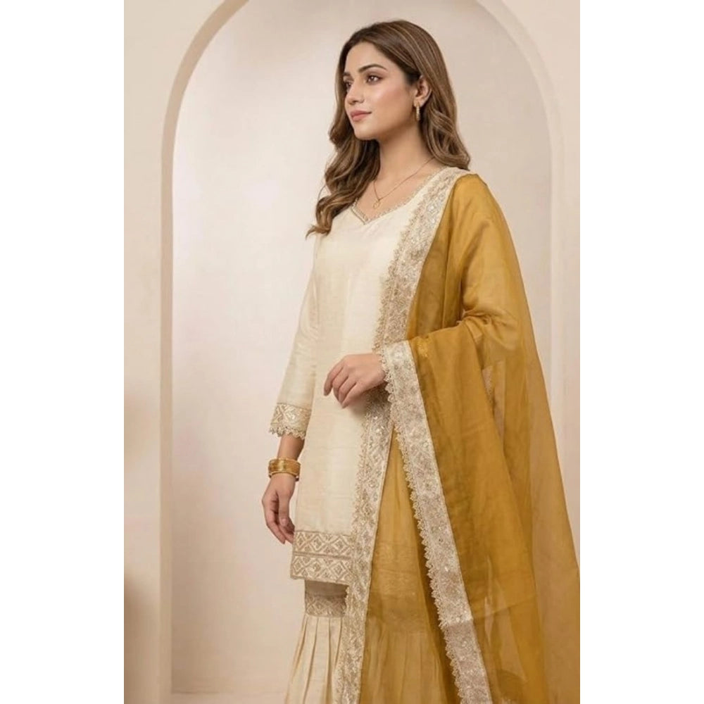 Women's Silk Embroidered 3/4th Sleeve V-Neck Kurti With Sharara Pant and Dupatta Set (Cream &amp; Yellow)