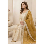 Women's Silk Embroidered 3/4th Sleeve V-Neck Kurti With Sharara Pant and Dupatta Set (Cream &amp; Yellow)