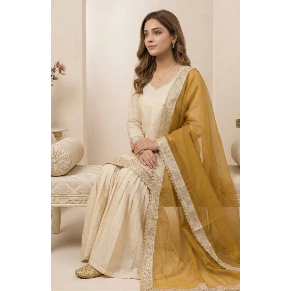Women's Silk Embroidered 3/4th Sleeve V-Neck Kurti With Sharara Pant and Dupatta Set (Cream &amp; Yellow)