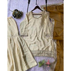 Women's Silk Embroidered 3/4th Sleeve V-Neck Kurti With Sharara Pant and Dupatta Set (Cream &amp; Yellow)