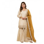 Women's Silk Embroidered 3/4th Sleeve V-Neck Kurti With Sharara Pant and Dupatta Set (Cream &amp; Yellow)
