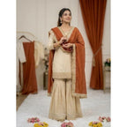 Women's Silk Embroidered 3/4th Sleeve V-Neck Kurti With Sharara Pant and Dupatta Set (Cream &amp; Orange)