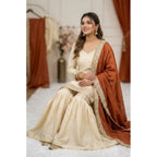 Women's Silk Embroidered 3/4th Sleeve V-Neck Kurti With Sharara Pant and Dupatta Set (Cream &amp; Orange)